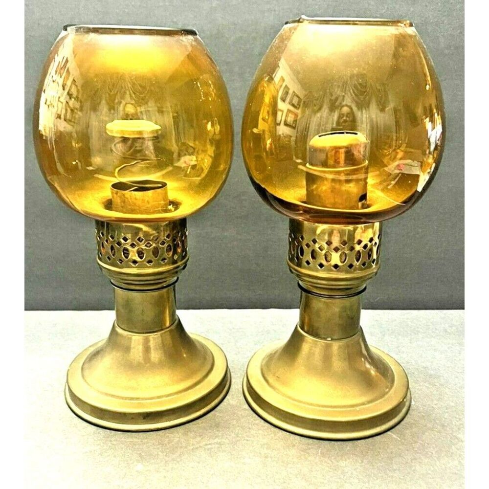Vintage Mason CandleLight Co Amber Glass Brass Lamps Pair 9” Middlesex NJ